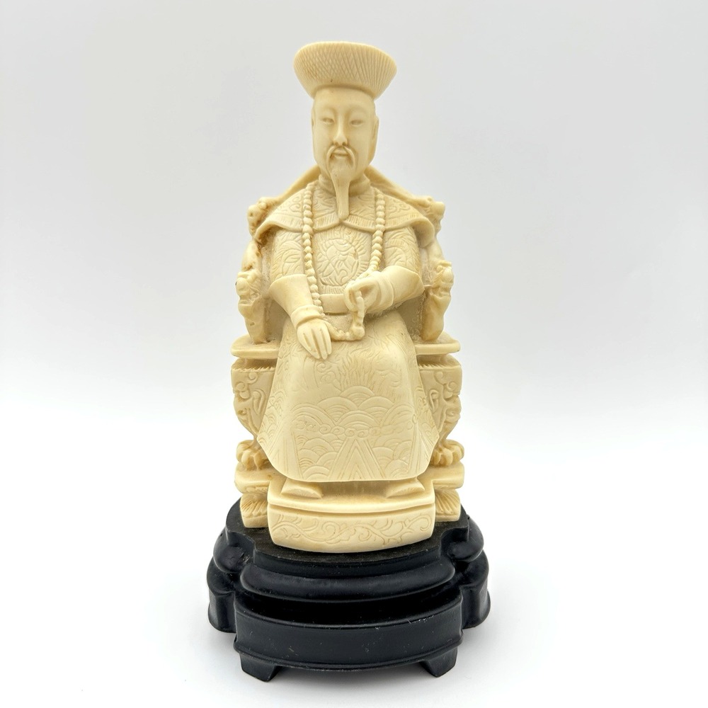 Vintage Norleans Chinese Emperor Figurine Cream Resin Statue Wood Base Italy